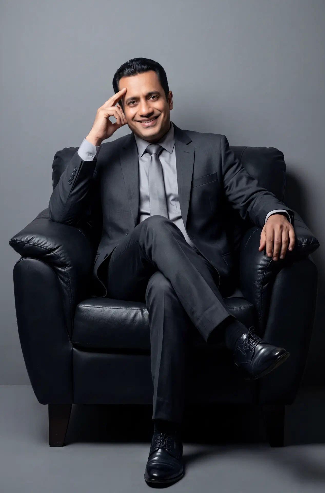 Dr. Vivek Bindra seated in a black suit
